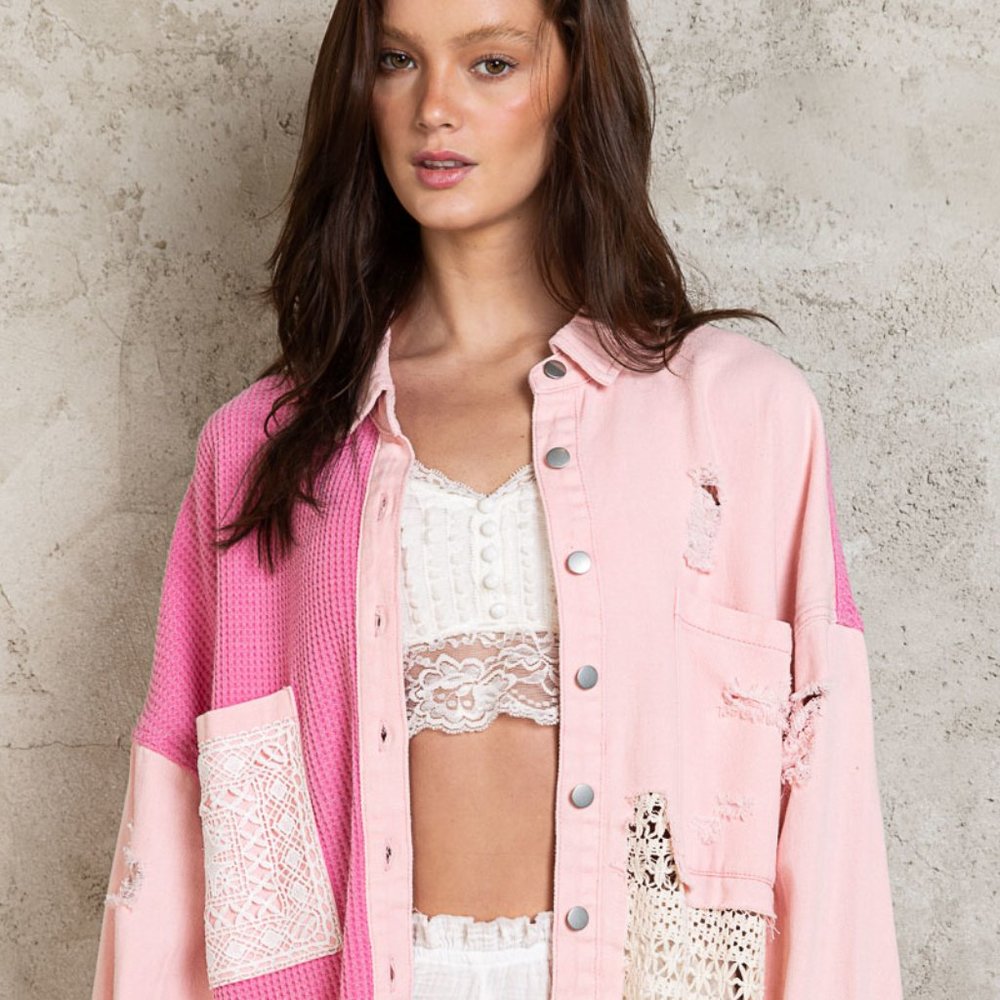 NEW, POL, Powder Pink Distressed Shacket